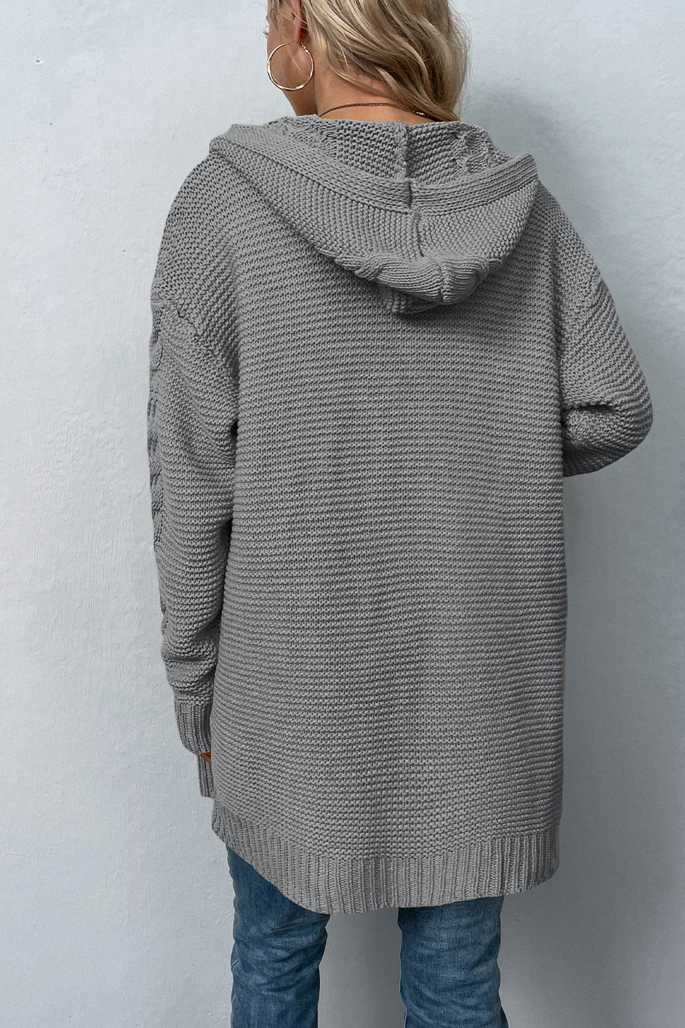 Cable-Knit Dropped Shoulder Hooded Cardigan BLUE ZONE PLANET