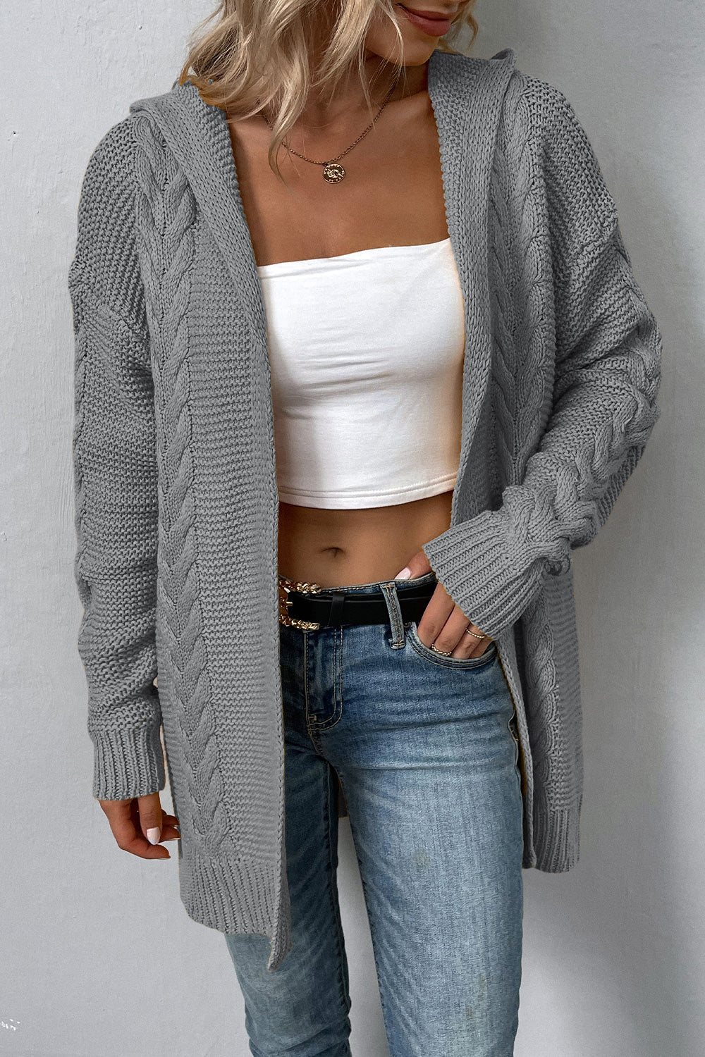 Cable-Knit Dropped Shoulder Hooded Cardigan BLUE ZONE PLANET