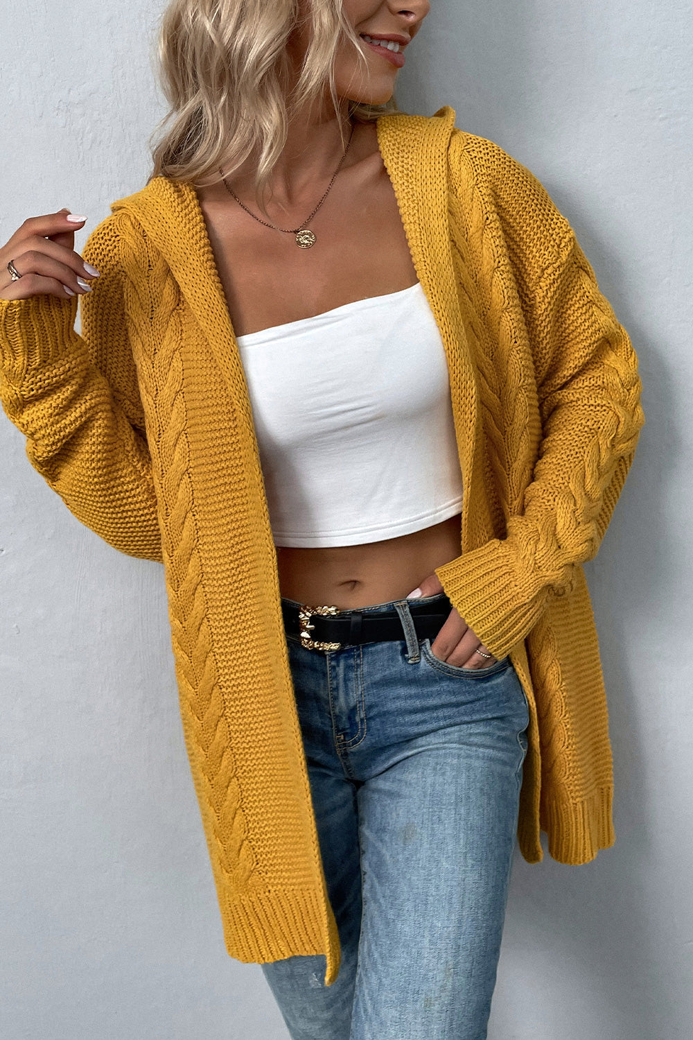 Cable-Knit Dropped Shoulder Hooded Cardigan BLUE ZONE PLANET