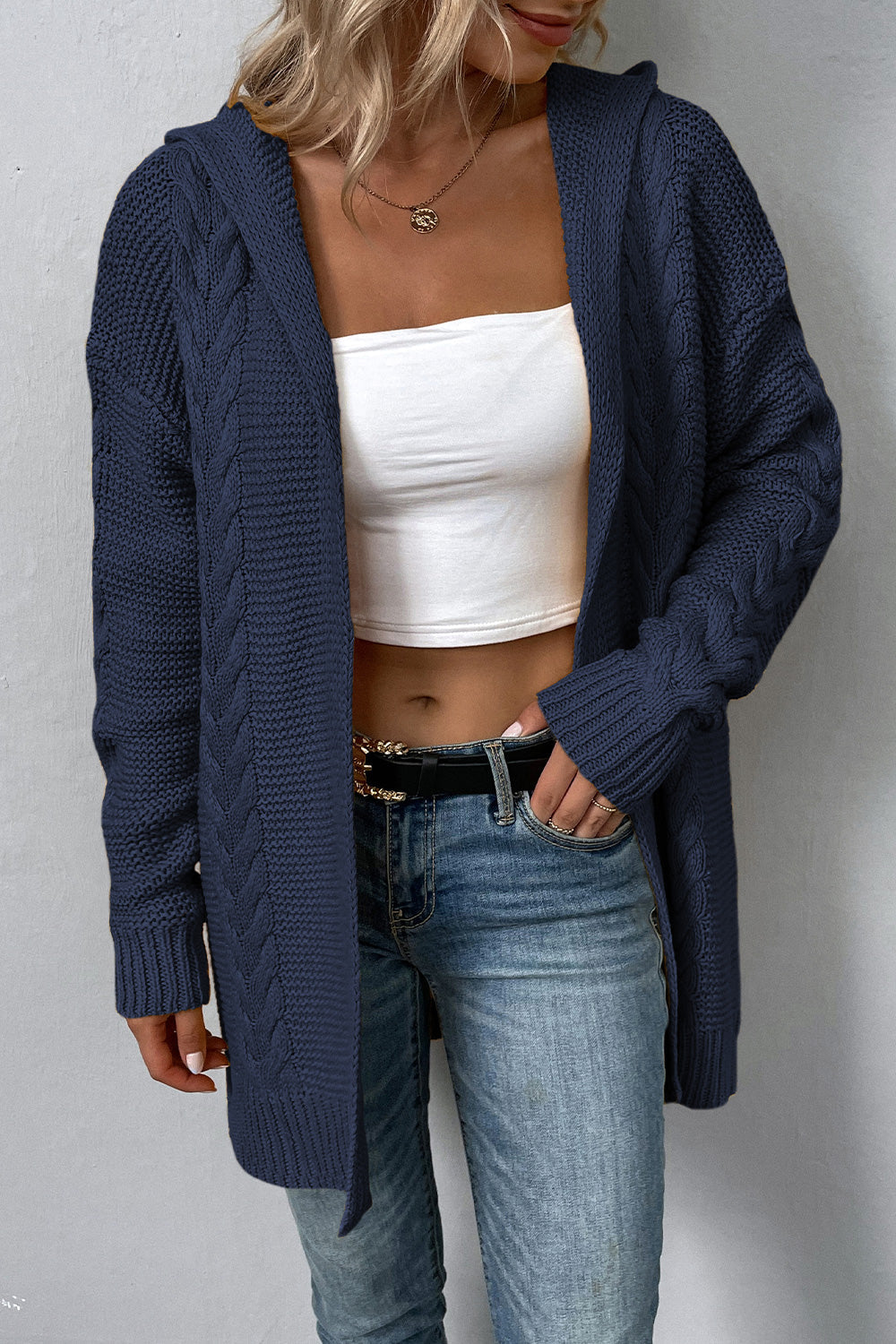Cable-Knit Dropped Shoulder Hooded Cardigan BLUE ZONE PLANET