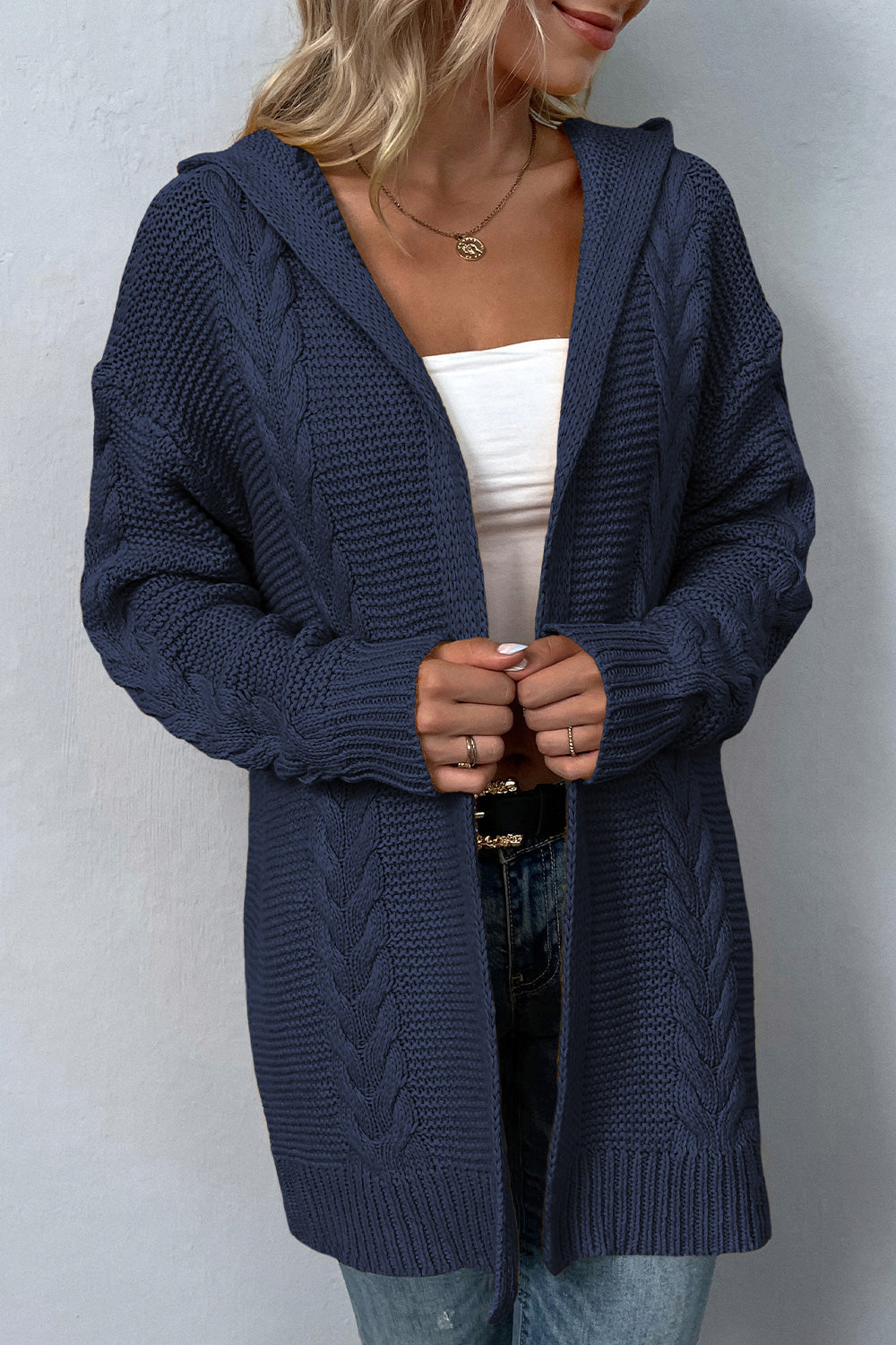 Cable-Knit Dropped Shoulder Hooded Cardigan BLUE ZONE PLANET