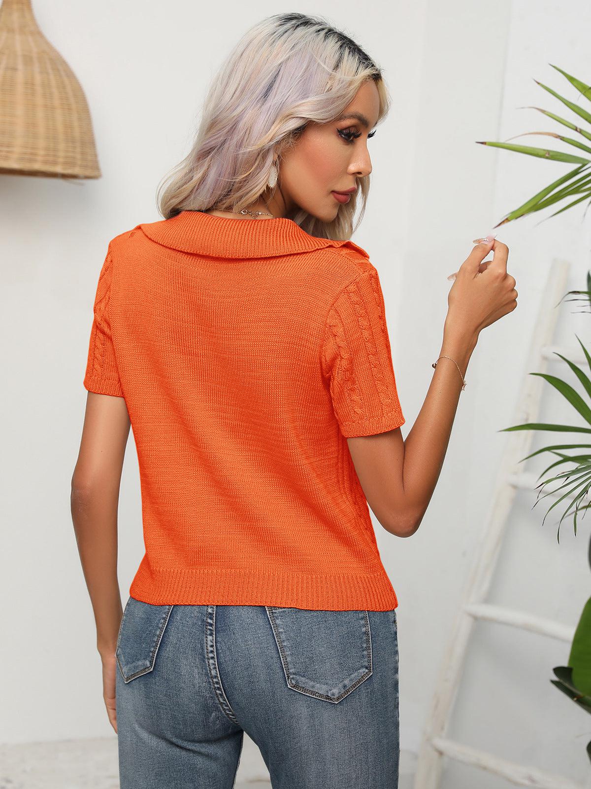 Cable-Knit Johnny Collar Short Sleeve Knit Top BLUE ZONE PLANET