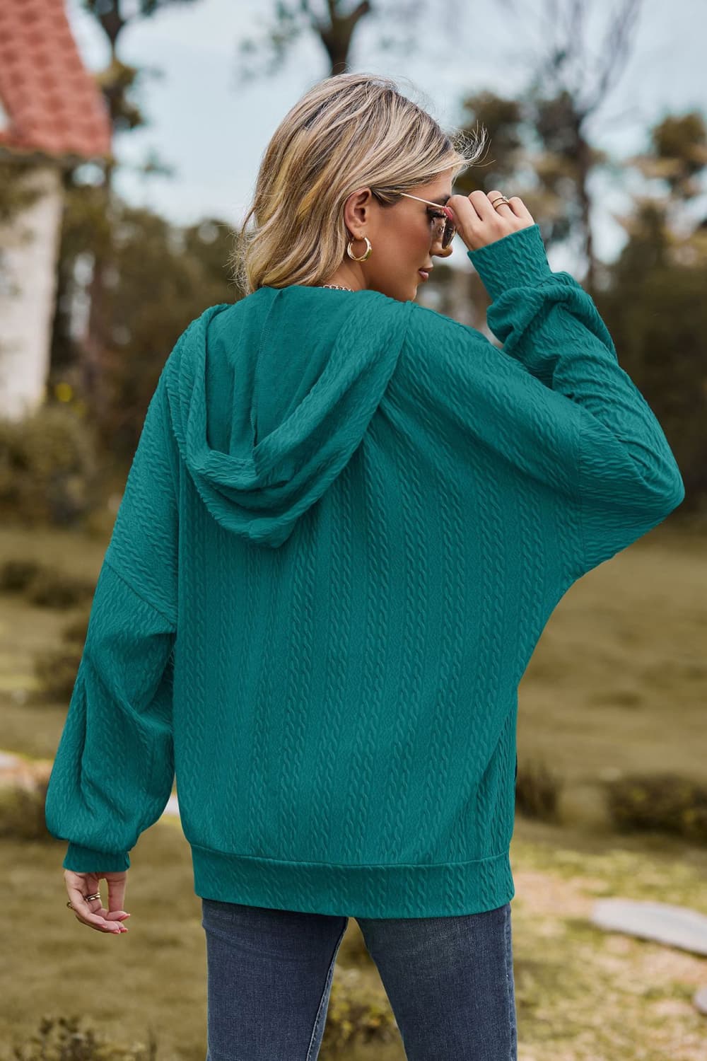 Cable-Knit Long Sleeve Hooded Jacket BLUE ZONE PLANET