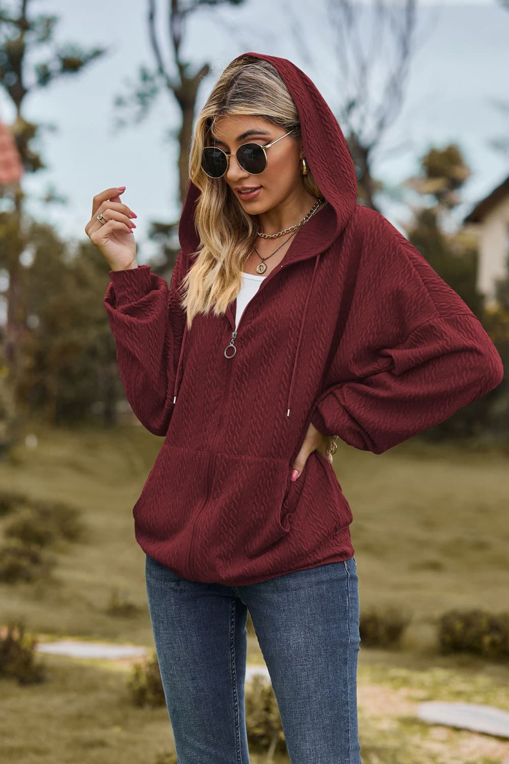 Cable-Knit Long Sleeve Hooded Jacket BLUE ZONE PLANET