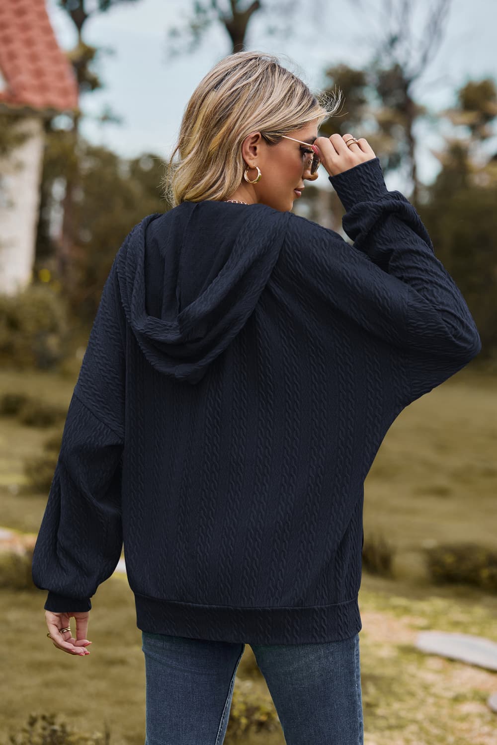 Cable-Knit Long Sleeve Hooded Jacket BLUE ZONE PLANET