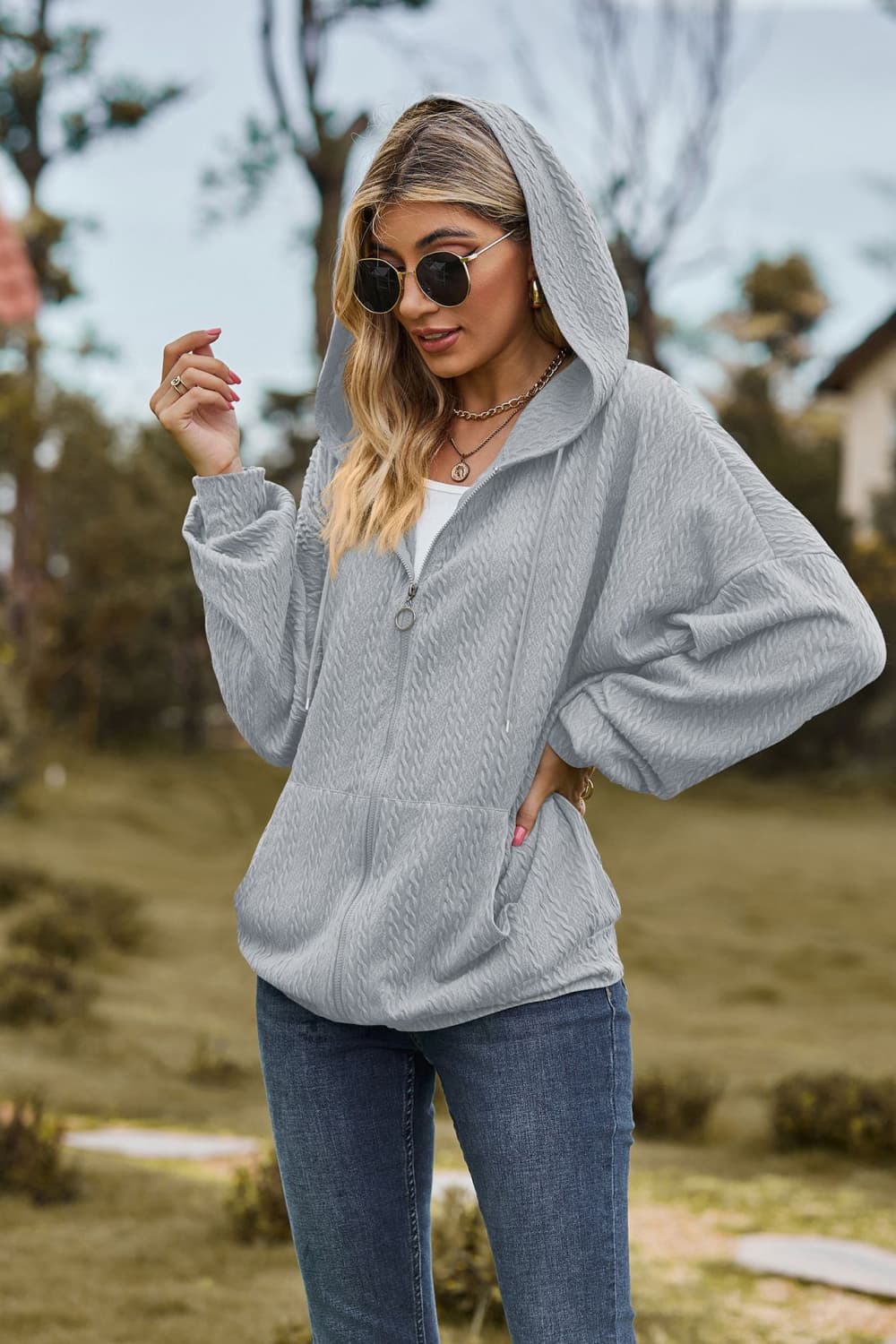 Cable-Knit Long Sleeve Hooded Jacket BLUE ZONE PLANET