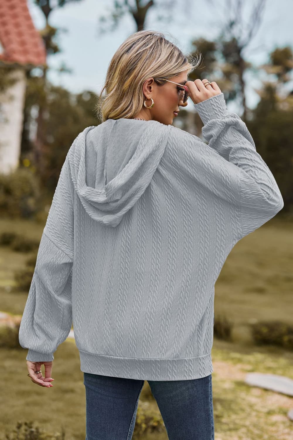 Cable-Knit Long Sleeve Hooded Jacket BLUE ZONE PLANET