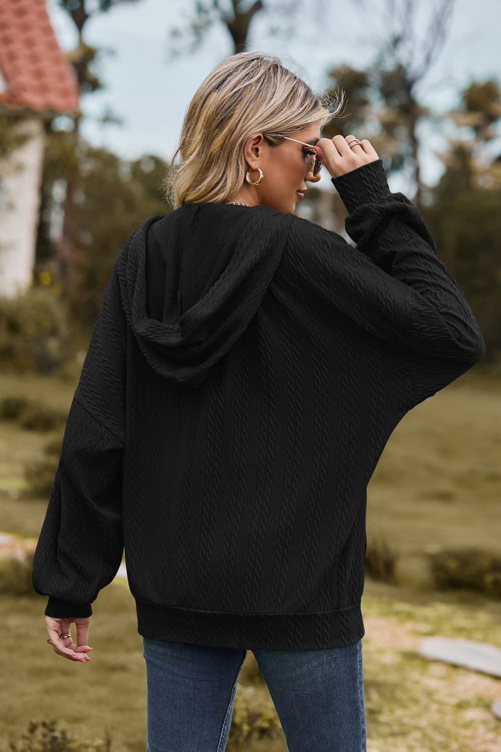 Cable-Knit Long Sleeve Hooded Jacket BLUE ZONE PLANET