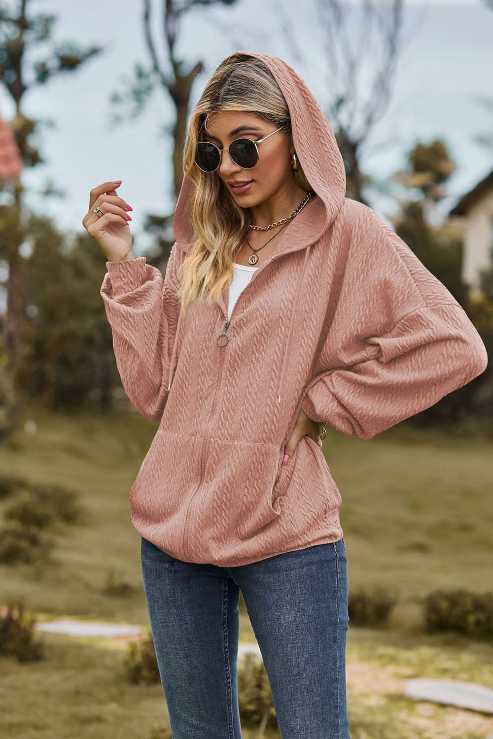Cable-Knit Long Sleeve Hooded Jacket BLUE ZONE PLANET