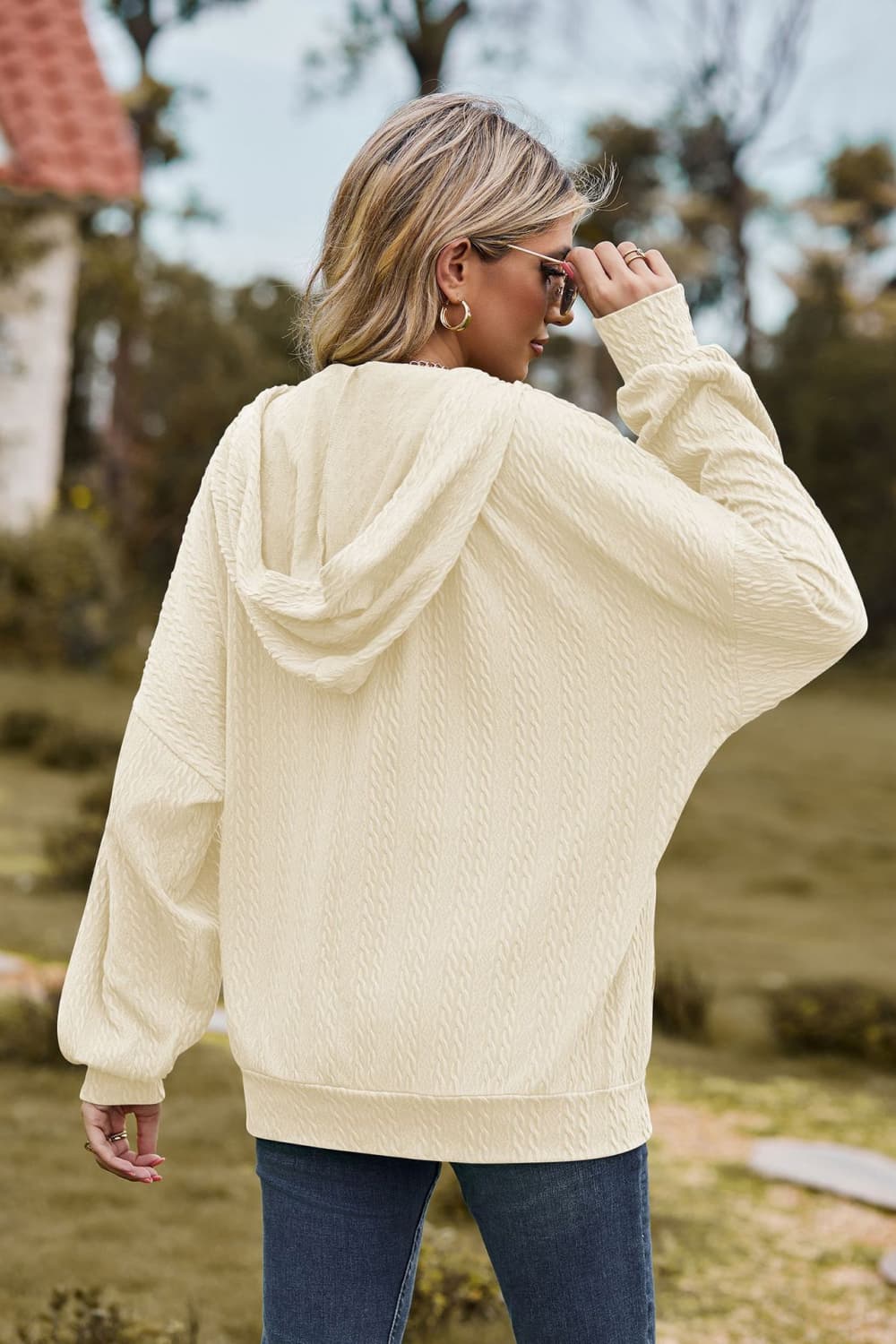 Cable-Knit Long Sleeve Hooded Jacket BLUE ZONE PLANET