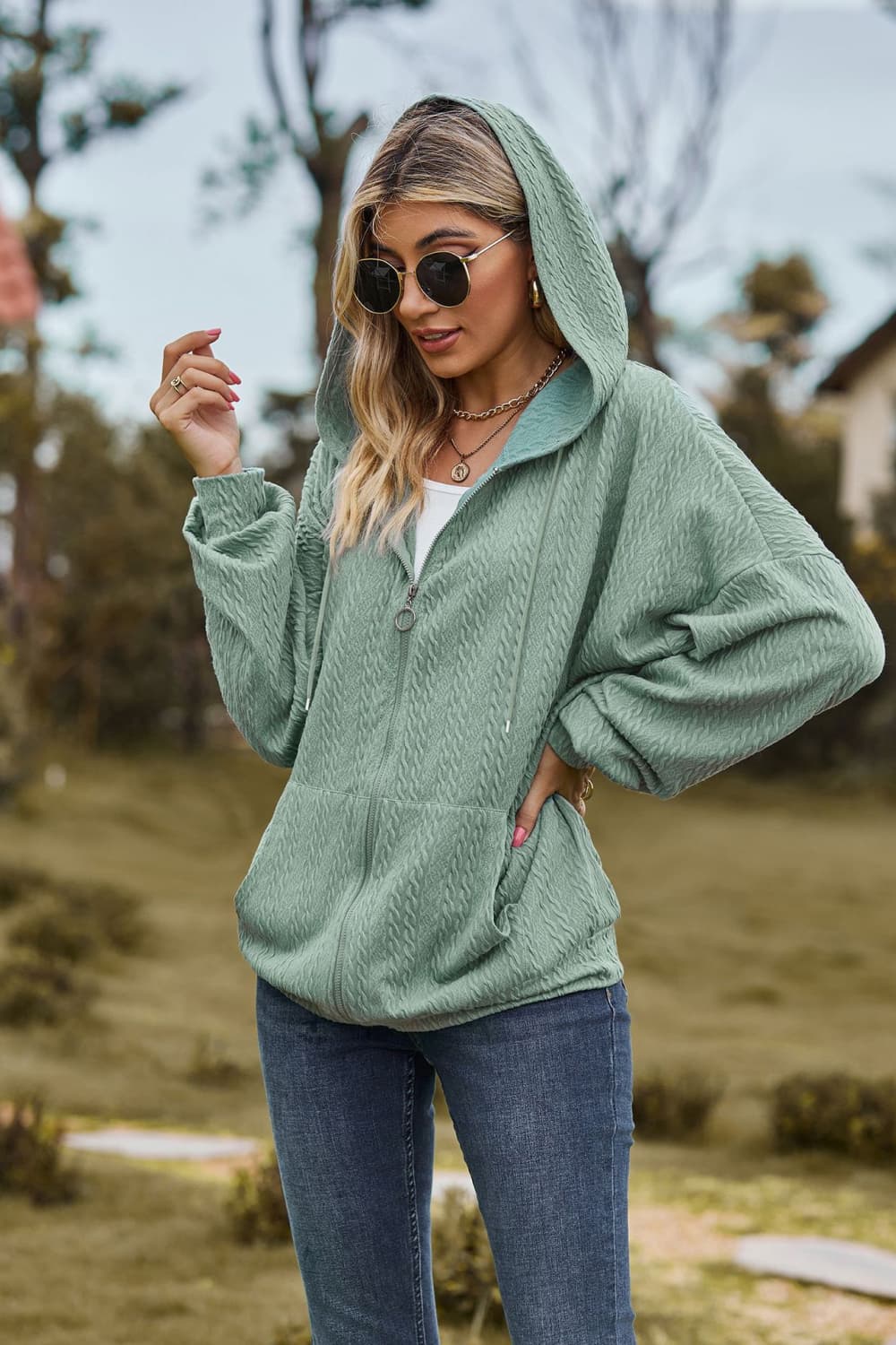 Cable-Knit Long Sleeve Hooded Jacket BLUE ZONE PLANET