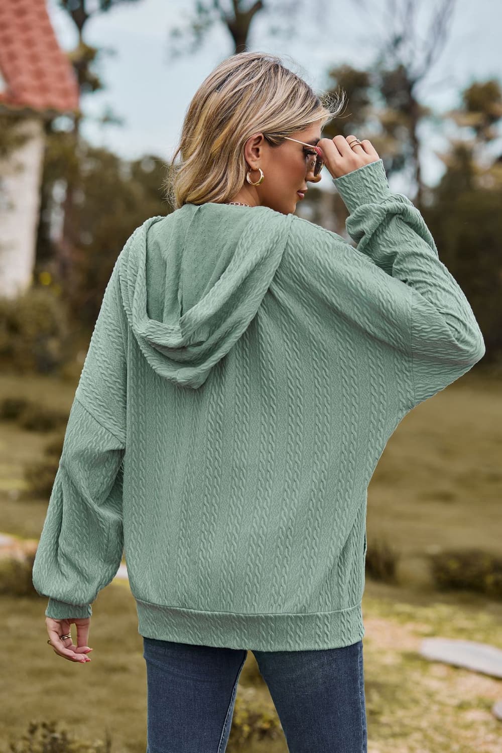 Cable-Knit Long Sleeve Hooded Jacket BLUE ZONE PLANET