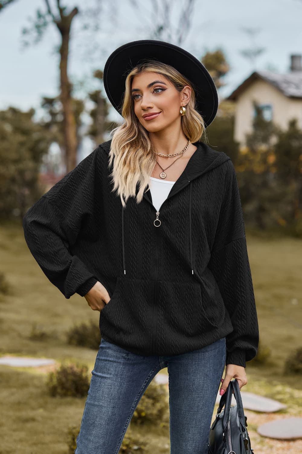 Cable-Knit Long Sleeve Hooded Jacket BLUE ZONE PLANET