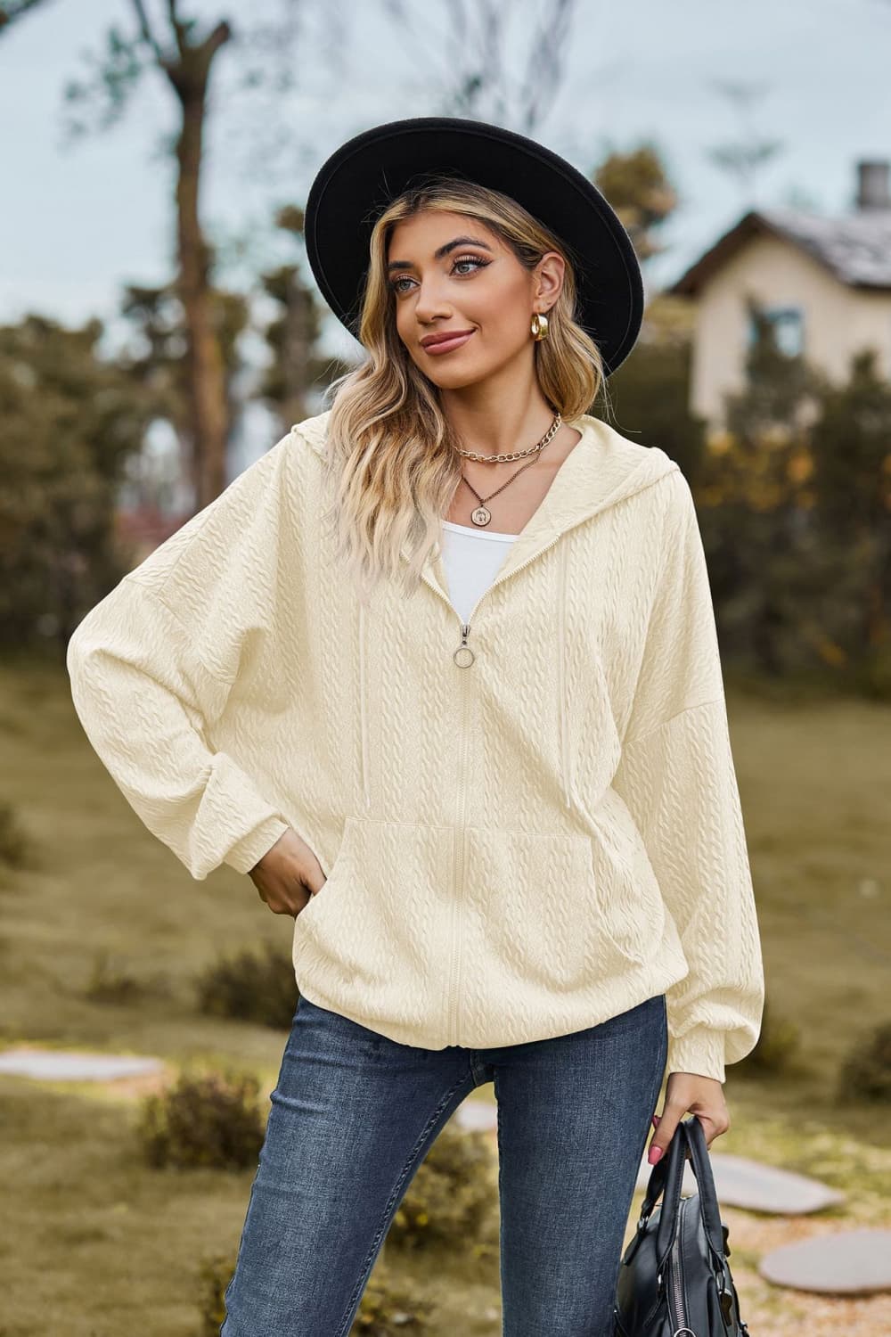 Cable-Knit Long Sleeve Hooded Jacket BLUE ZONE PLANET