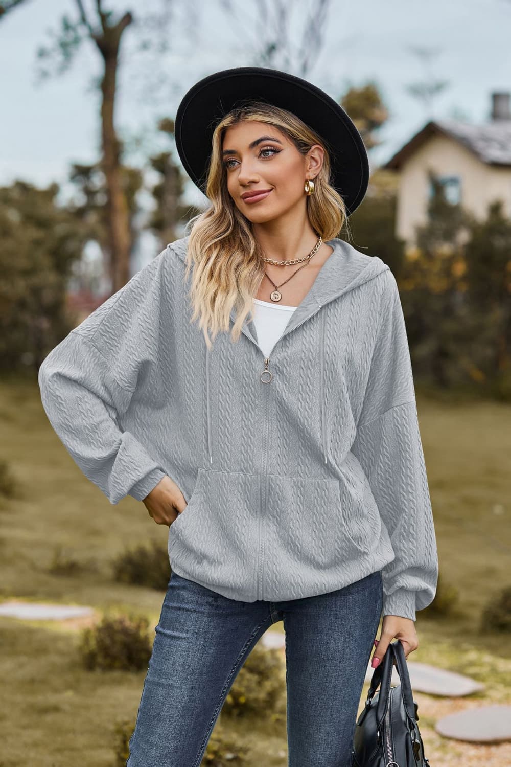 Cable-Knit Long Sleeve Hooded Jacket BLUE ZONE PLANET