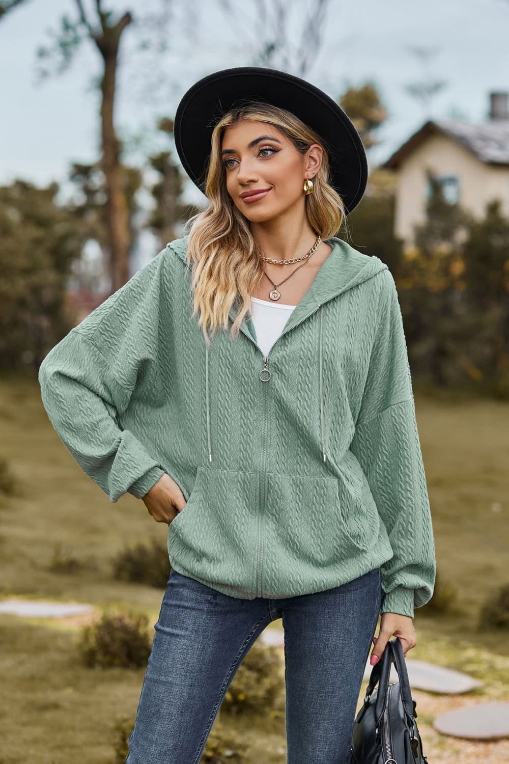 Cable-Knit Long Sleeve Hooded Jacket BLUE ZONE PLANET
