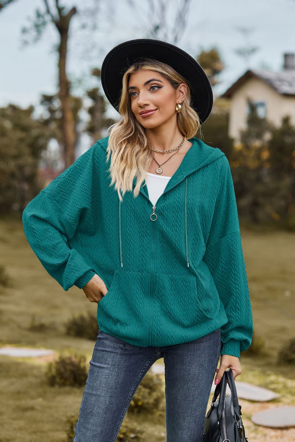 Cable-Knit Long Sleeve Hooded Jacket BLUE ZONE PLANET