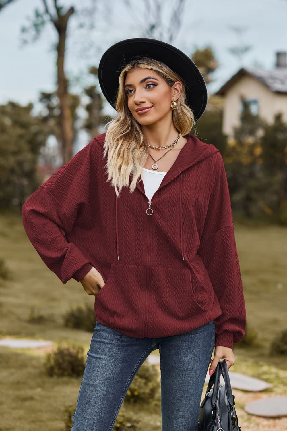Cable-Knit Long Sleeve Hooded Jacket BLUE ZONE PLANET