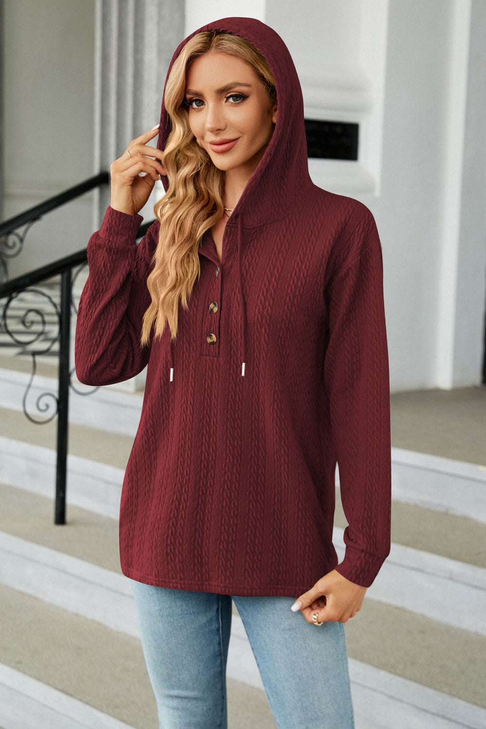 Cable-Knit Long Sleeve Hoodie BLUE ZONE PLANET