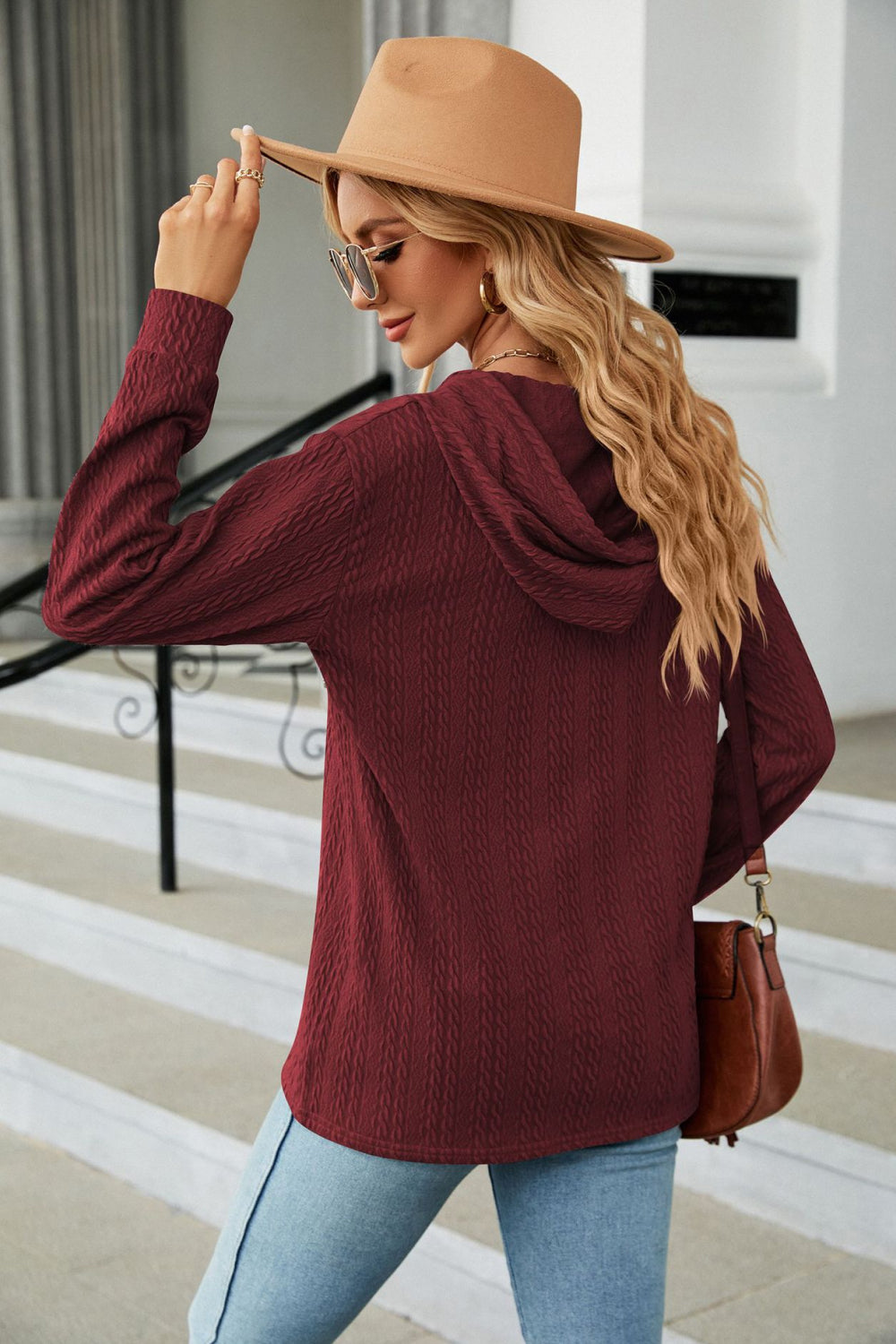 Cable-Knit Long Sleeve Hoodie BLUE ZONE PLANET