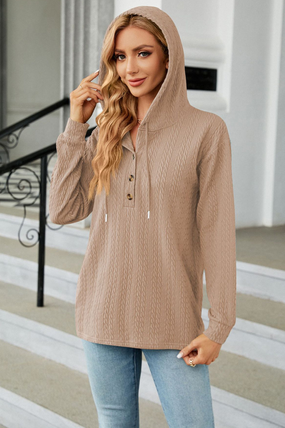 Cable-Knit Long Sleeve Hoodie BLUE ZONE PLANET