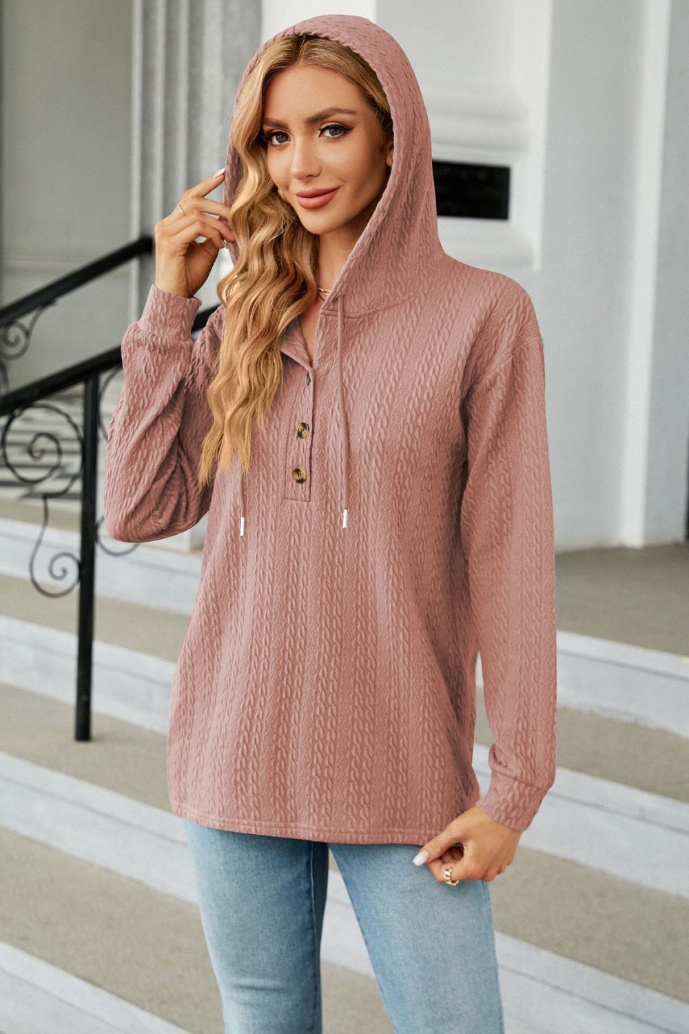 Cable-Knit Long Sleeve Hoodie BLUE ZONE PLANET