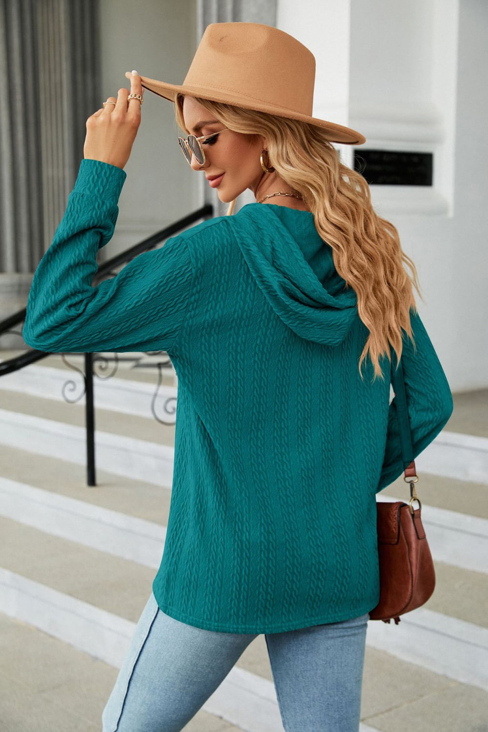 Cable-Knit Long Sleeve Hoodie BLUE ZONE PLANET
