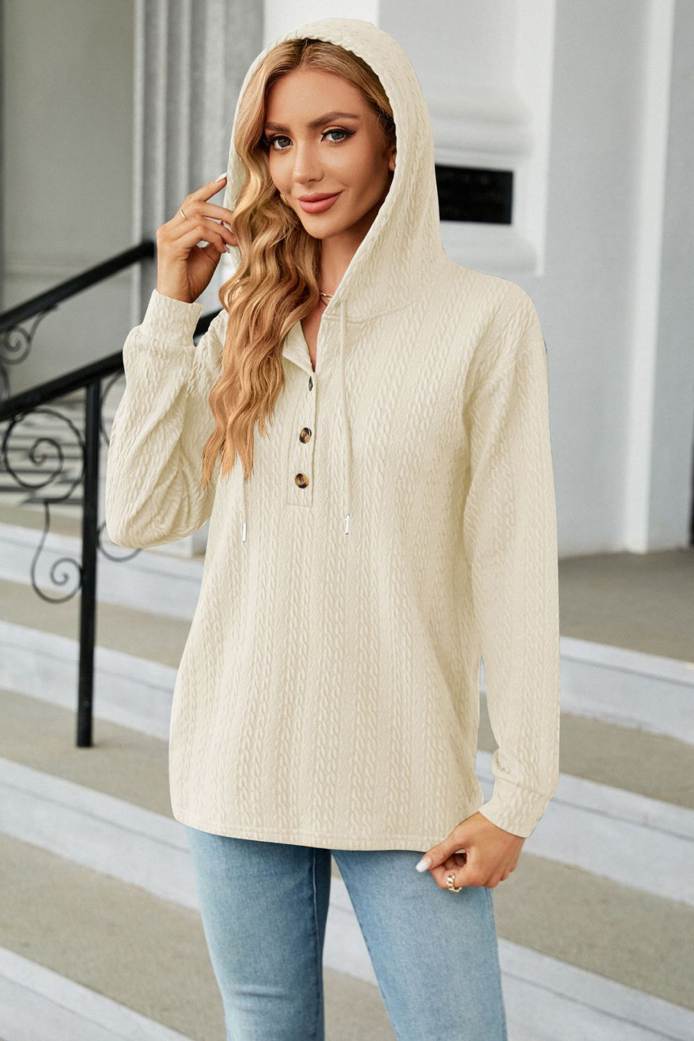 Cable-Knit Long Sleeve Hoodie BLUE ZONE PLANET