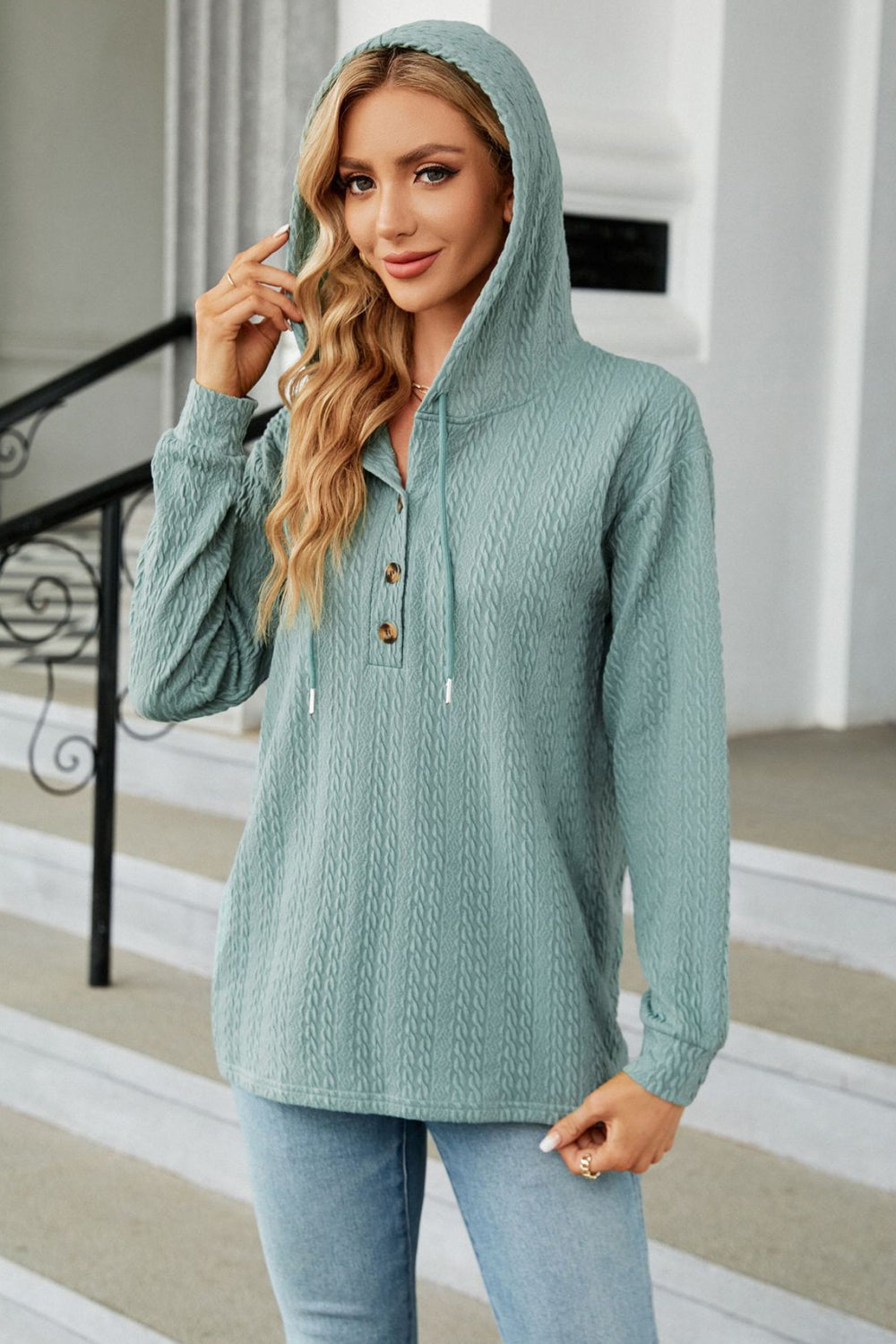 Cable-Knit Long Sleeve Hoodie BLUE ZONE PLANET