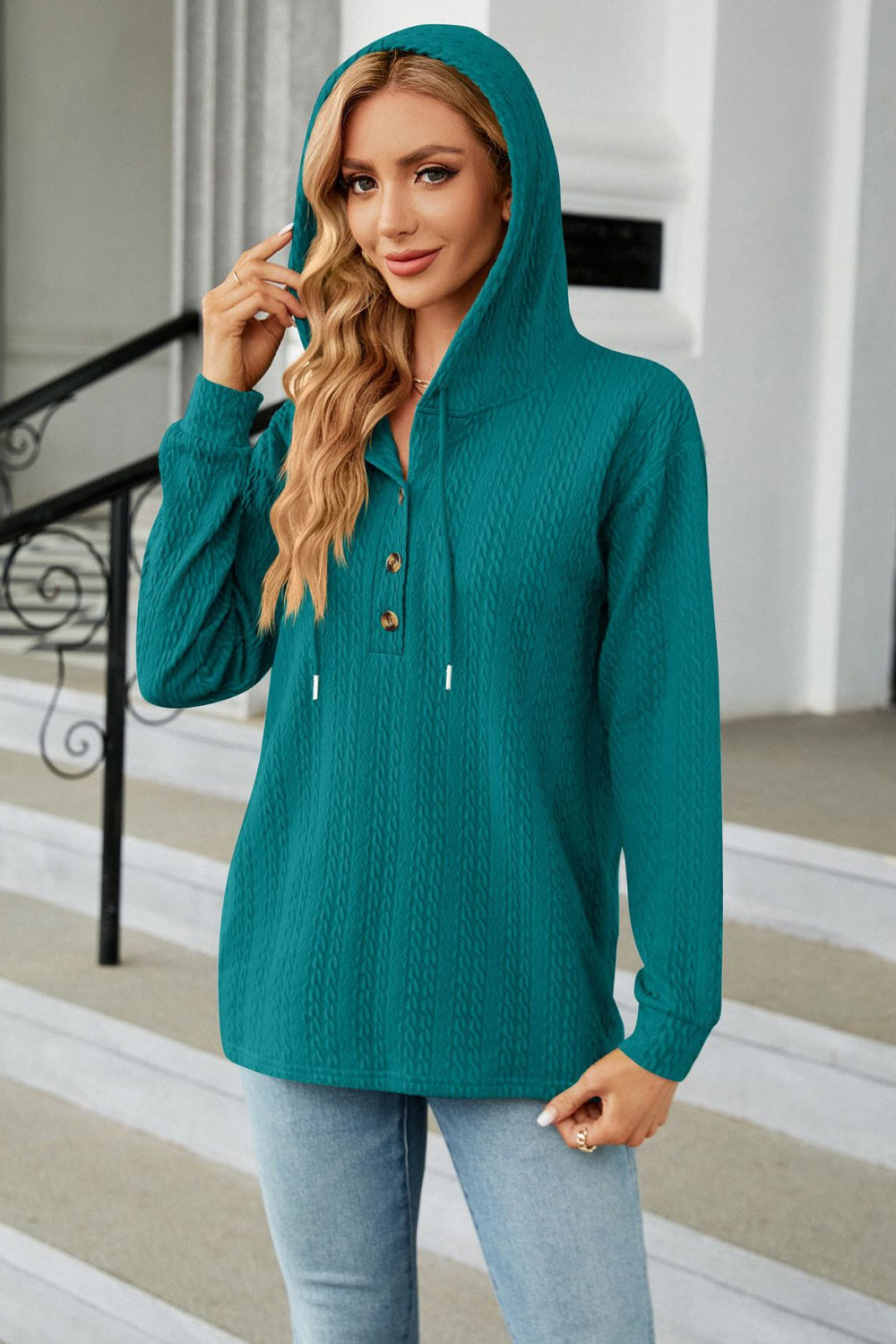 Cable-Knit Long Sleeve Hoodie BLUE ZONE PLANET