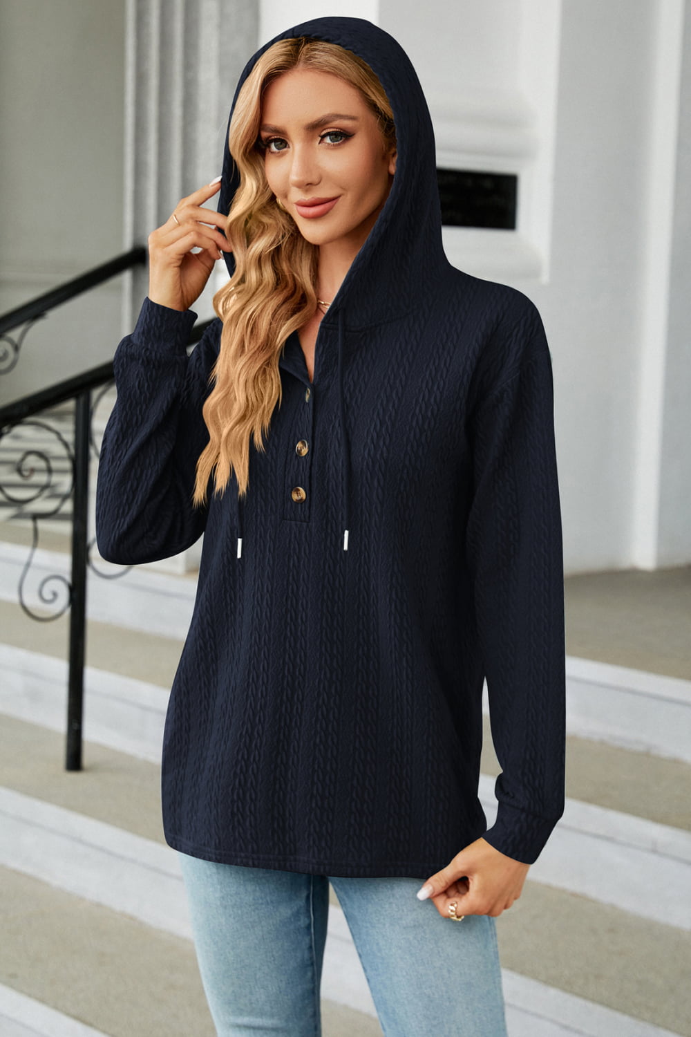 Cable-Knit Long Sleeve Hoodie BLUE ZONE PLANET