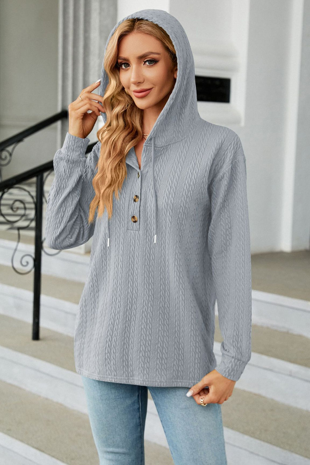 Cable-Knit Long Sleeve Hoodie BLUE ZONE PLANET