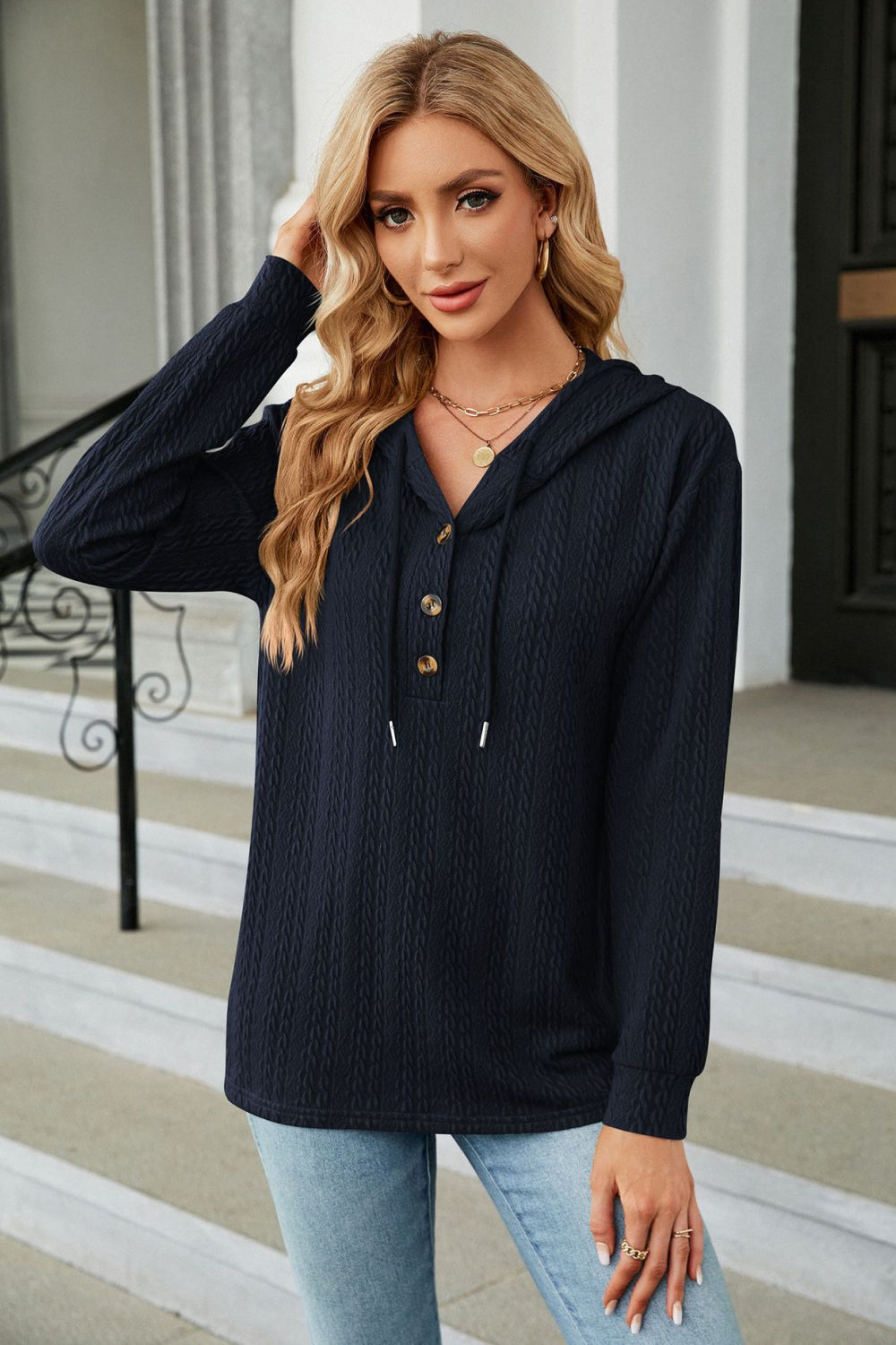 Cable-Knit Long Sleeve Hoodie BLUE ZONE PLANET