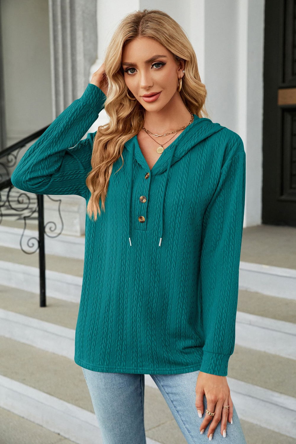 Cable-Knit Long Sleeve Hoodie BLUE ZONE PLANET