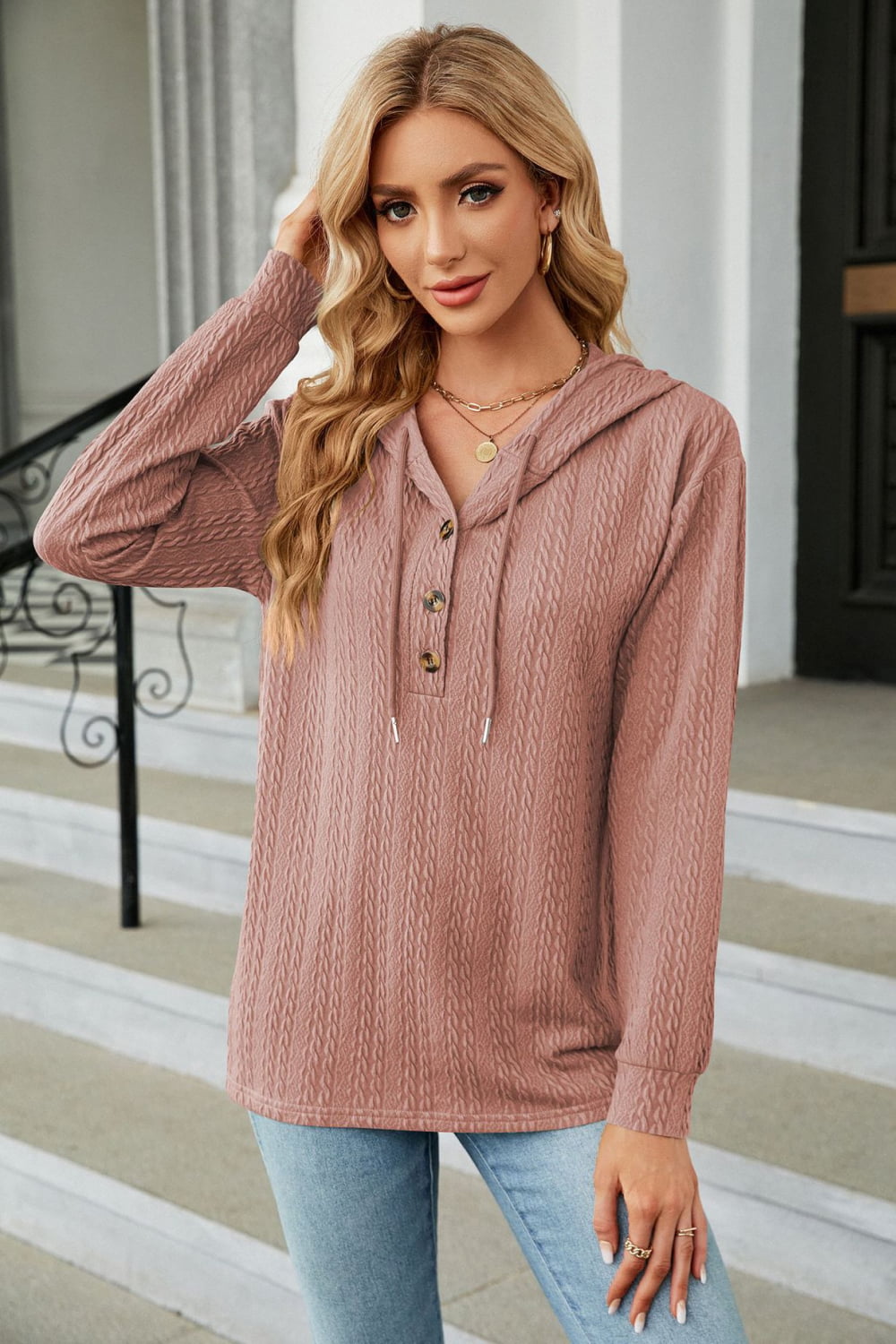 Cable-Knit Long Sleeve Hoodie BLUE ZONE PLANET