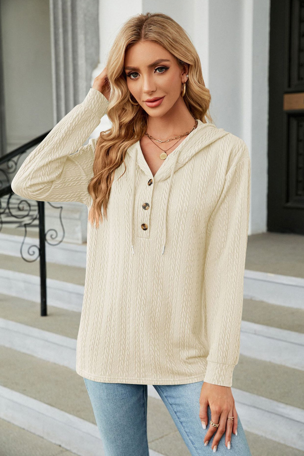 Cable-Knit Long Sleeve Hoodie BLUE ZONE PLANET