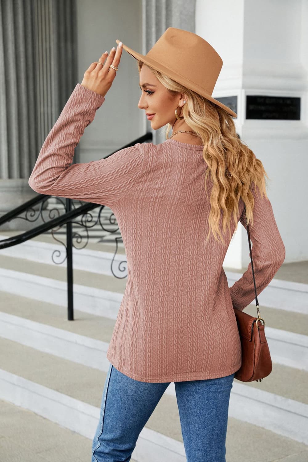 Cable-Knit Long Sleeve V-Neck T-Shirt BLUE ZONE PLANET