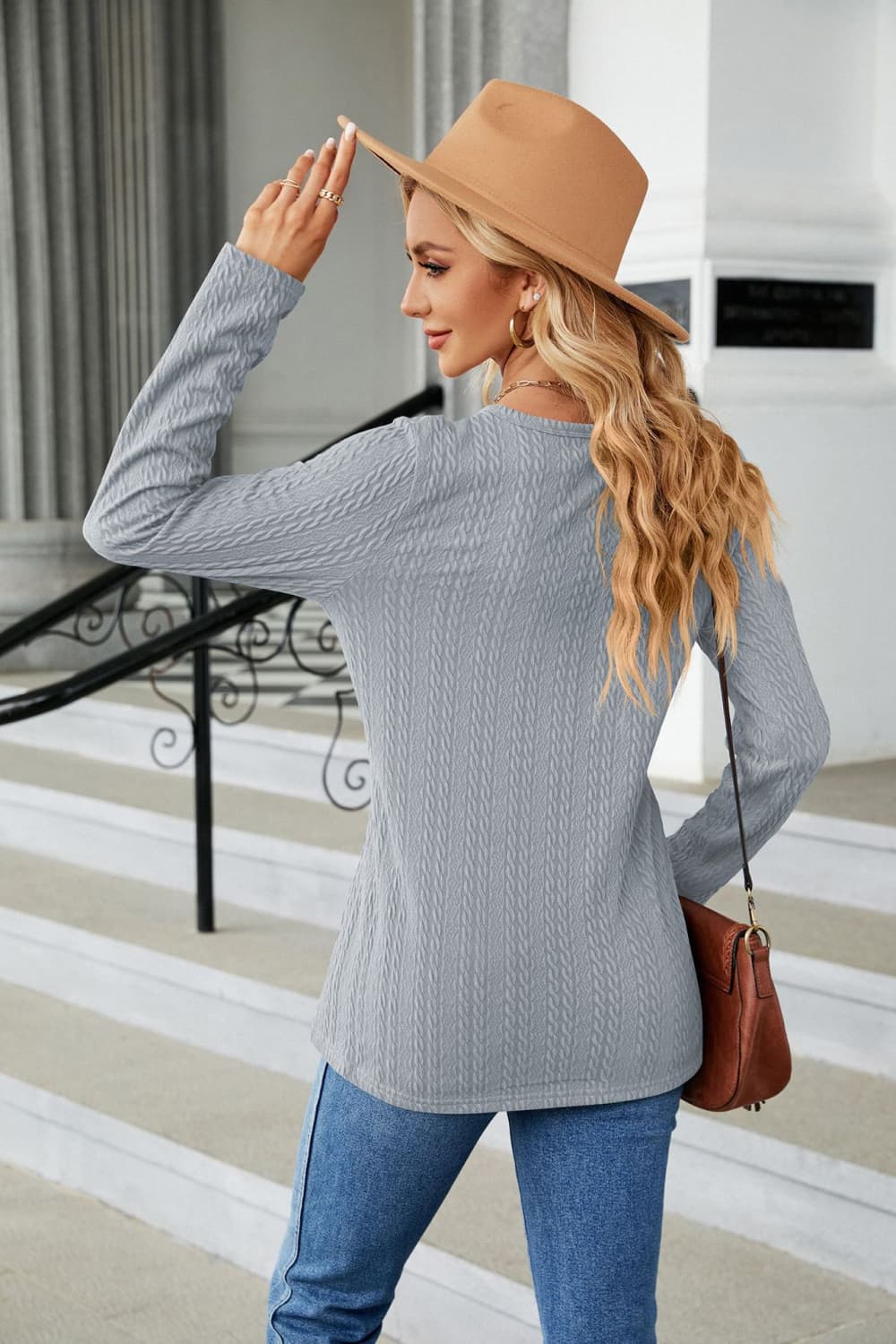 Cable-Knit Long Sleeve V-Neck T-Shirt BLUE ZONE PLANET