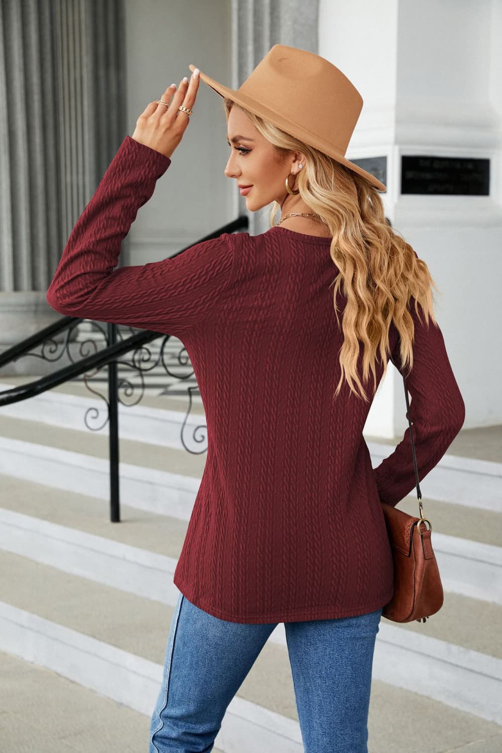 Cable-Knit Long Sleeve V-Neck T-Shirt BLUE ZONE PLANET