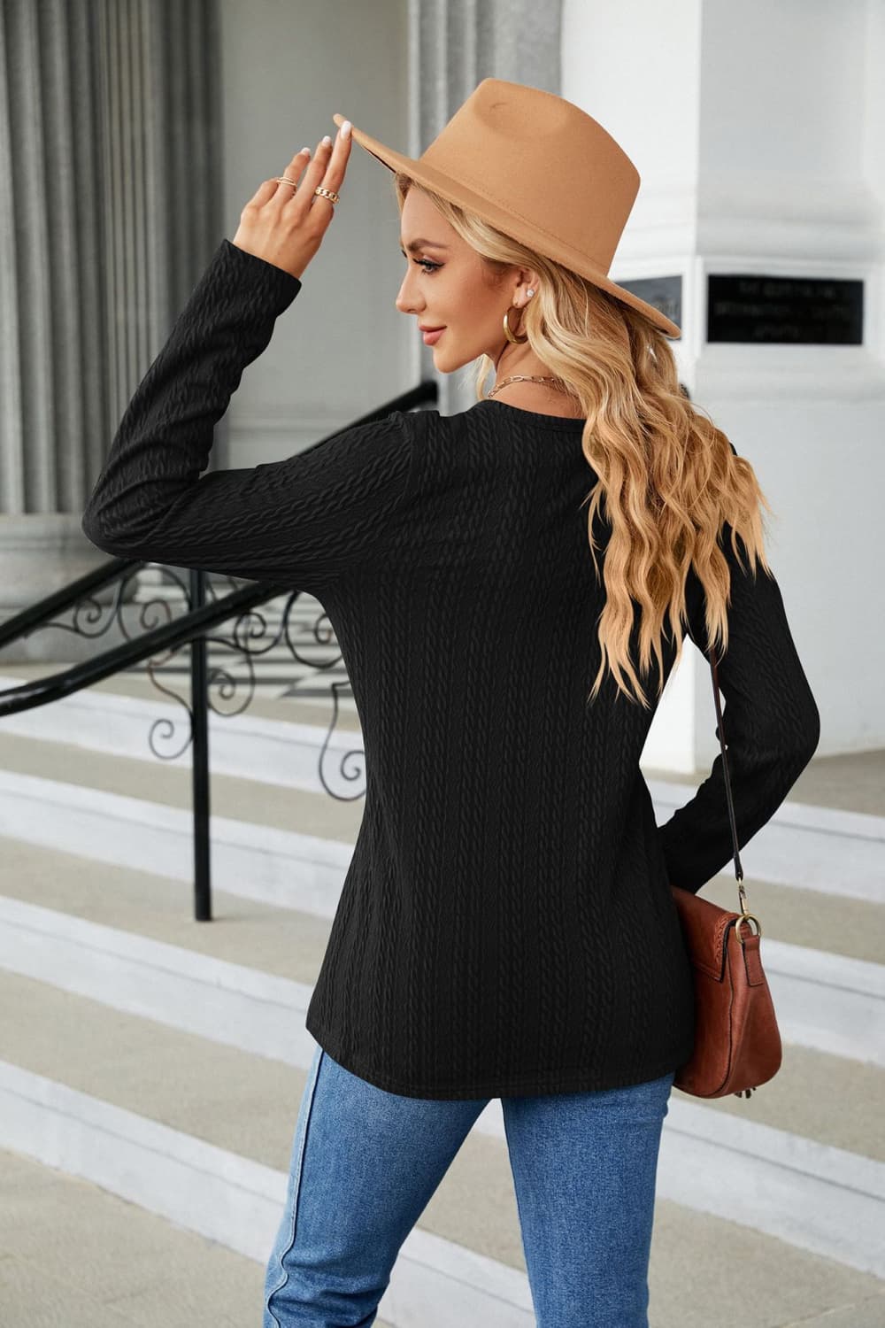 Cable-Knit Long Sleeve V-Neck T-Shirt BLUE ZONE PLANET