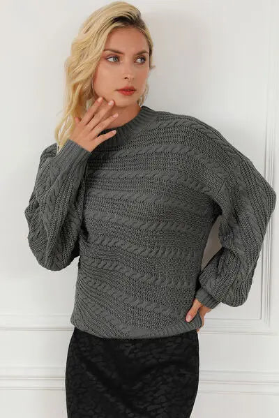 Cable-Knit Mock Neck Dropped Shoulder Sweater BLUE ZONE PLANET