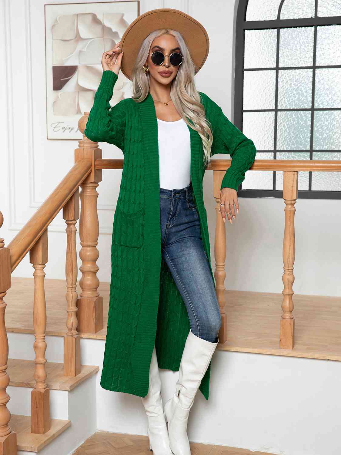 Cable-Knit Open Front Cardigan with Pockets BLUE ZONE PLANET