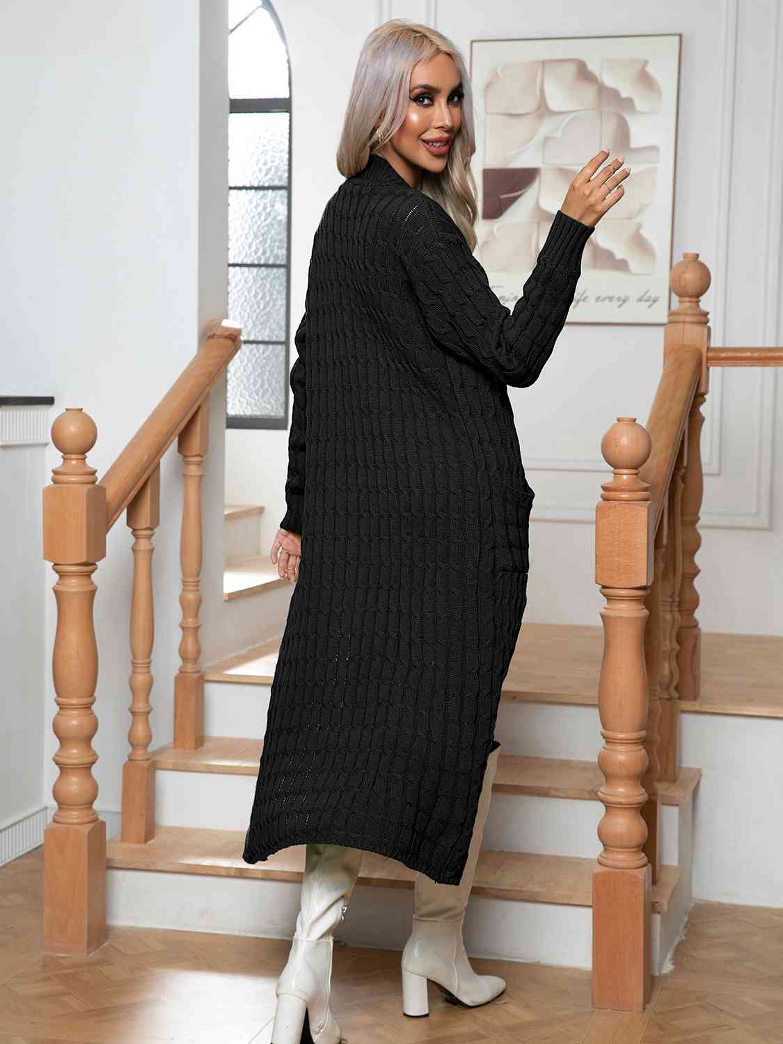 Cable-Knit Open Front Cardigan with Pockets BLUE ZONE PLANET