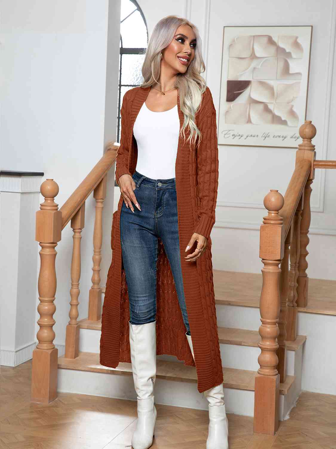 Cable-Knit Open Front Cardigan with Pockets BLUE ZONE PLANET