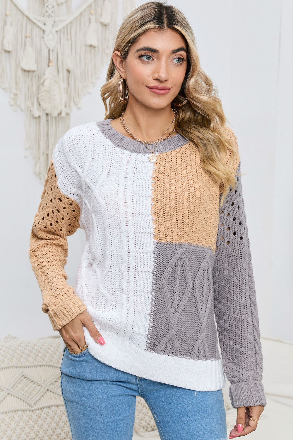 Cable-Knit Openwork Round Neck Color Block Sweater BLUE ZONE PLANET