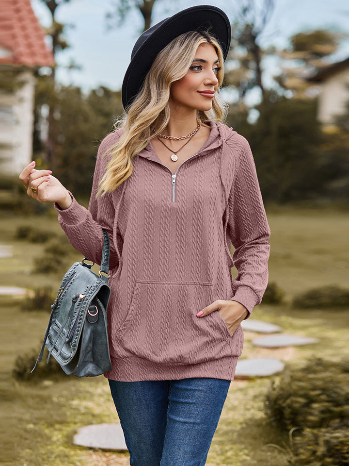 Cable-Knit Zip-Up Hooded Blouse BLUE ZONE PLANET