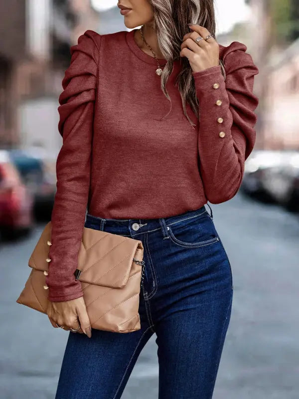 Cashmere Round Neck Slim Puff Sleeve Long Sleeve Top kakaclo
