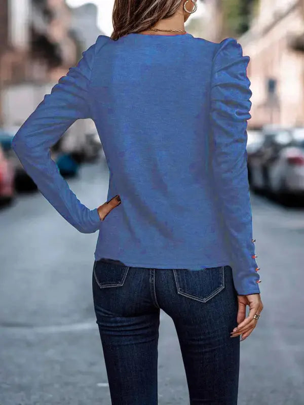 Cashmere Round Neck Slim Puff Sleeve Long Sleeve Top kakaclo