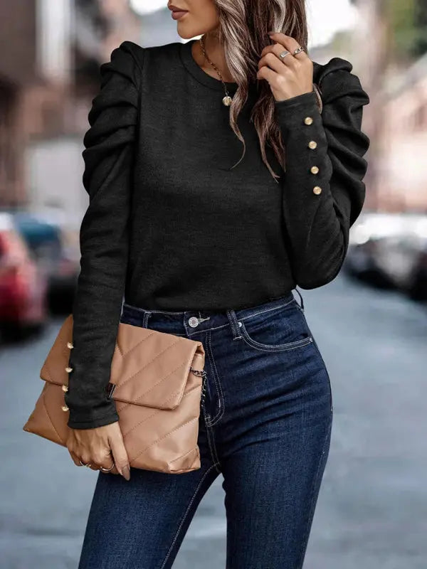 Cashmere Round Neck Slim Puff Sleeve Long Sleeve Top kakaclo