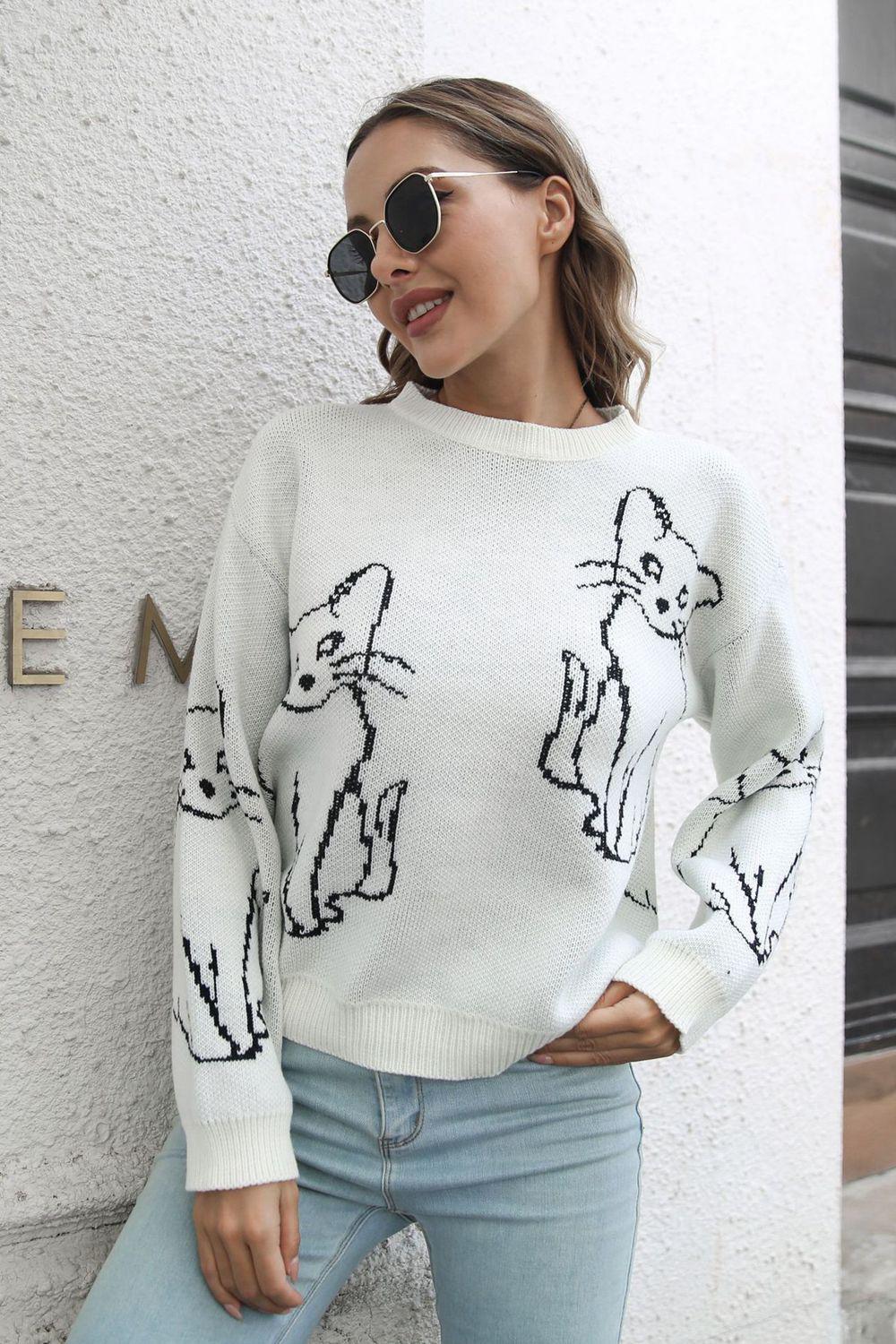 Cat Pattern Round Neck Long Sleeve Pullover Sweater BLUE ZONE PLANET